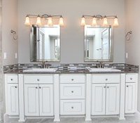Thumb vanity  craftsman style  painted  recessed panel  legs  posts  double sink  full overlay