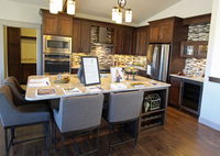 Thumb kitchen  contemporary style  clear alder  dark color  recessed panel  island overhang on two sides  chimney hood  glass doors  valance  bookcase on back on island  scallop wine rack  full overlay