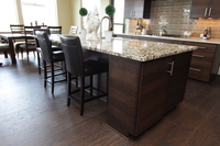 Thumb kitchen  contemporary style  quartersawn walnut  banded door  dark color  island overhang  custom wood hood  full overlay