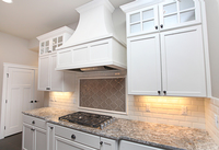 Thumb kitchen  craftsman style  painted  recessed panel  glass grid doors on top  wood hood  standard overlay